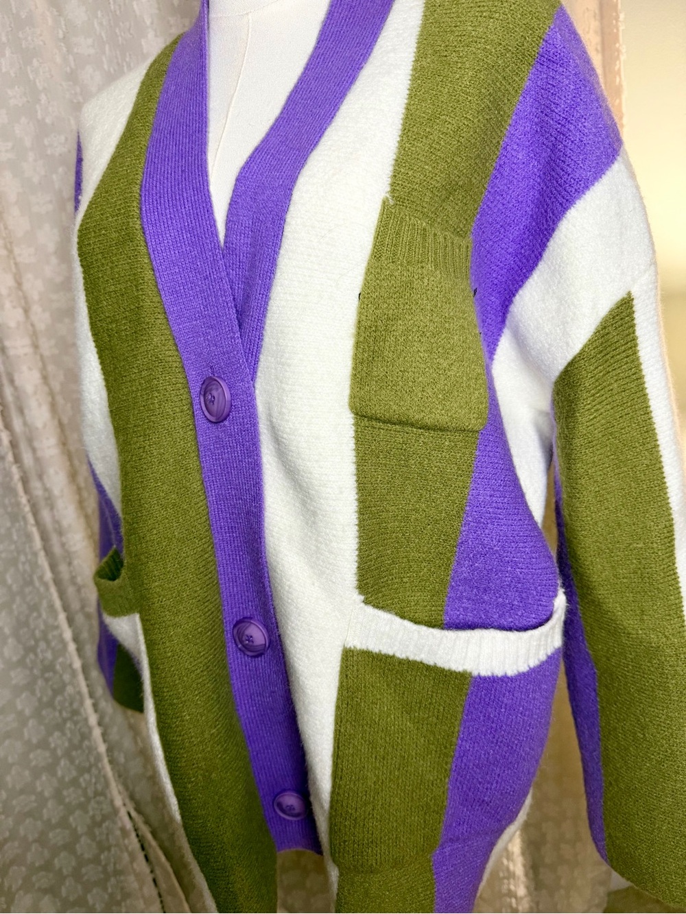 Striped Button-Front Cardigan in Olive, Purple & Cream - Picture 3 of 8